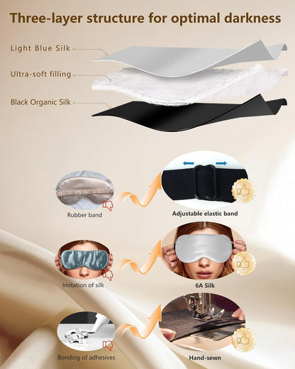 Silk Sleep Mask for Women and Men - Soft Breathable Organic Natural Mulberry Silk Fabric Blackout Eye Mask with Adjustable Straps No Pressure Eye Mask for Travel Essentials Gifts (Black)