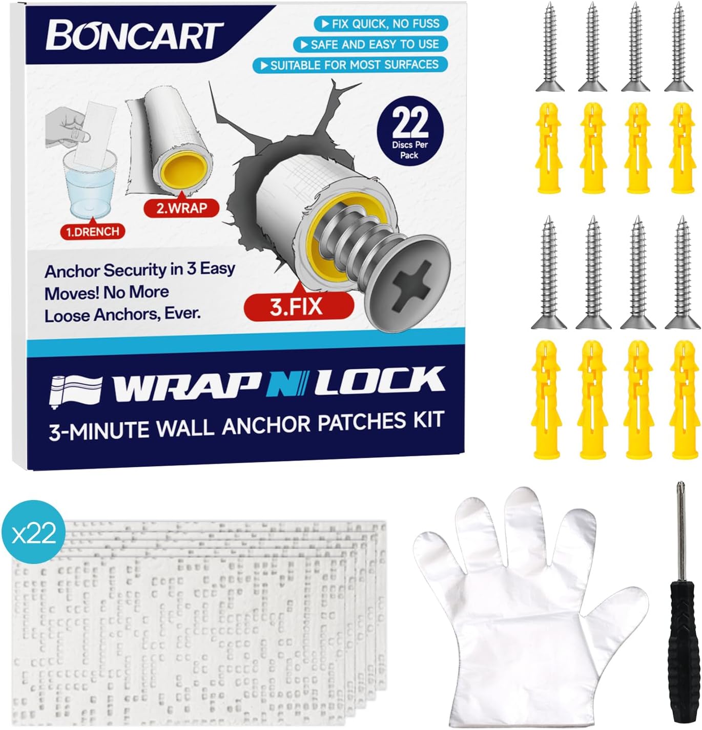WRAPNLOCK Drywall Anchor Repair Kit - Fast Loose Anchor Fix | No Fill/Redrill. Includes 22 Patches, Screws, Anchors, Screwdriver & Gloves. Perfect For Home Fittings.