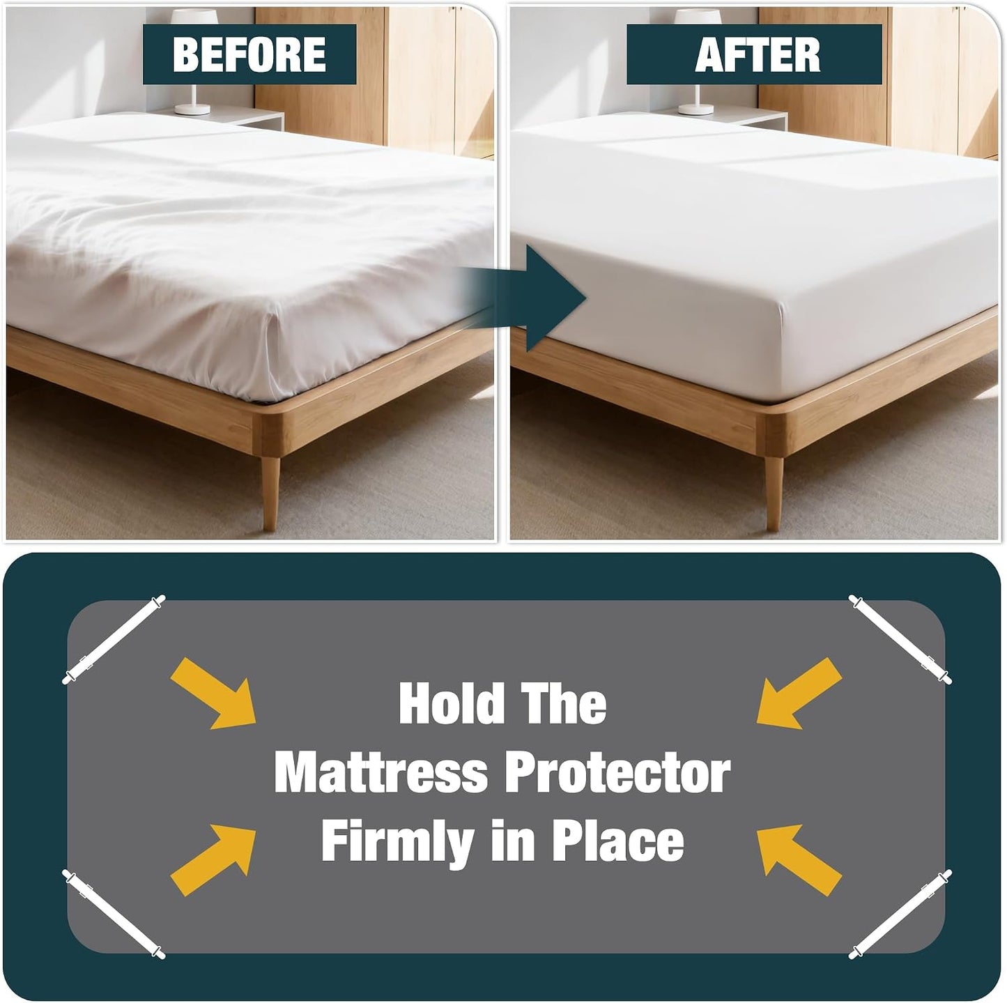 4 Pack Adjustable Elastic Straps with Metal Clips, Bed Sheet Fasteners, Bedding Suspenders for Mattress Covers, Bed Corner Holders and Keepers (White)