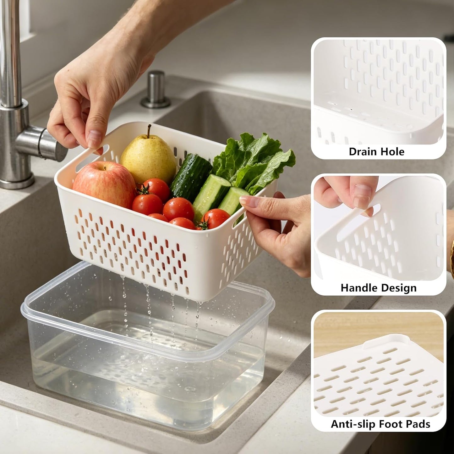 LoveBB 3 Pack Fruit Storage Containers for Fridge, Food Storage Containers with Removable Colander with Lid, Keep Fruits, Vegetables, Berry, Meat Fresh