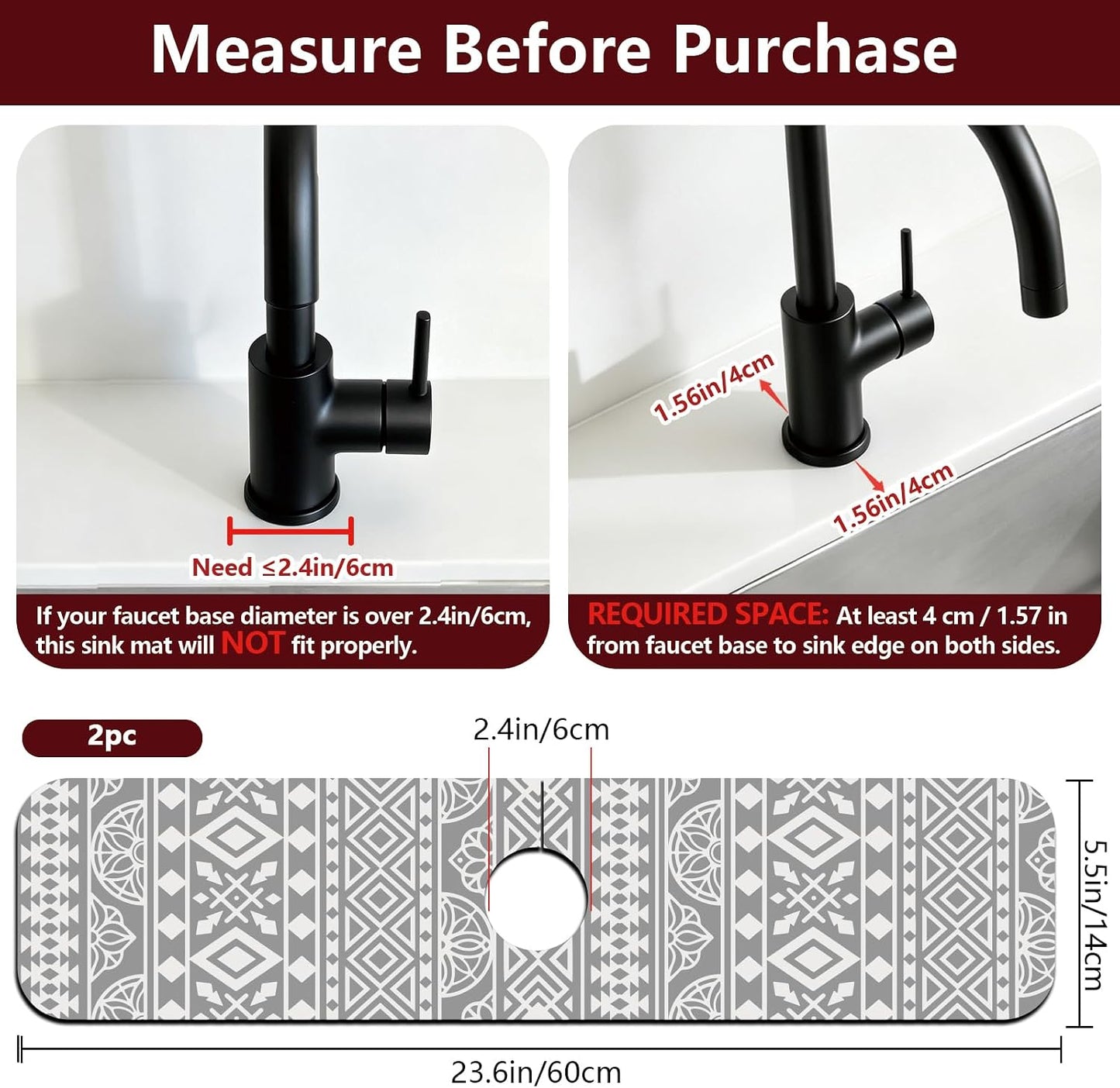 2Pcs Peonies Kitchen Sink Splash Guard Faucet Mat Vintage Florals Faucet Mat For Bathroom Kitchen 5.5x23.6In