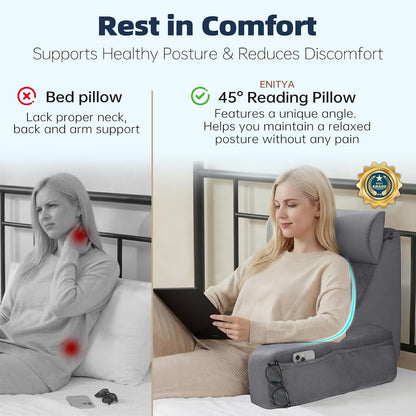 ENITYA 21" Reading Pillow for Bed with Firm Back Support & Big Pockets