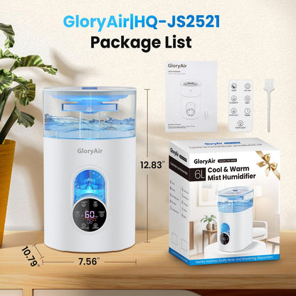 Humidifiers for Bedroom Large Room -GloryAir 6L Cool & Warm Mist Humidifier