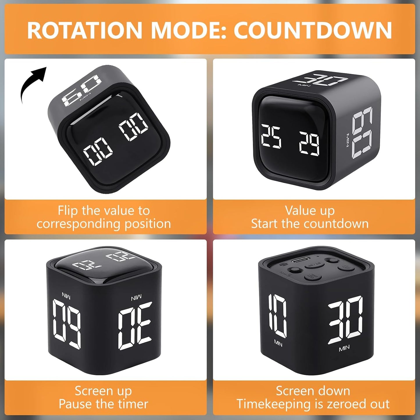 GuDoQi Multi-Function Cube Timer, 5/10/30/60 Min & Custom Count Down, Included Pause & Resume Feature, Silent, Vibrate & Adjustable Sound Alarm for Productivity in Tasks, Study & Kitchen, Purple