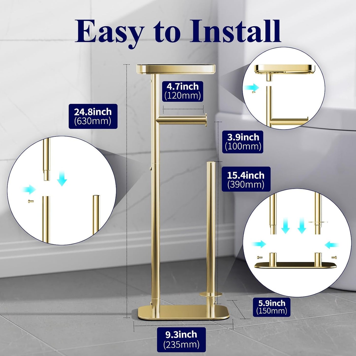 Kitsure Metal Toilet Paper Holder Free Standing, Medium, Black | Rustproof Toilet Paper Stand for 4 Rolls, Bathroom Organizers and Storage with Anti-Slip Base and Plastic Shelf
