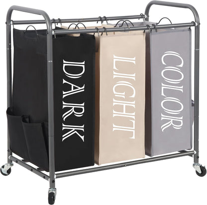 STORAGE MANIAC 3 Section Laundry Sorter, 35.6 Gal (135 L) Laundry Hamper Cart with Heavy Duty Rolling Lockable Wheels and Removable Bags, Clothes Organizer Basket Separator Hamper, Gray