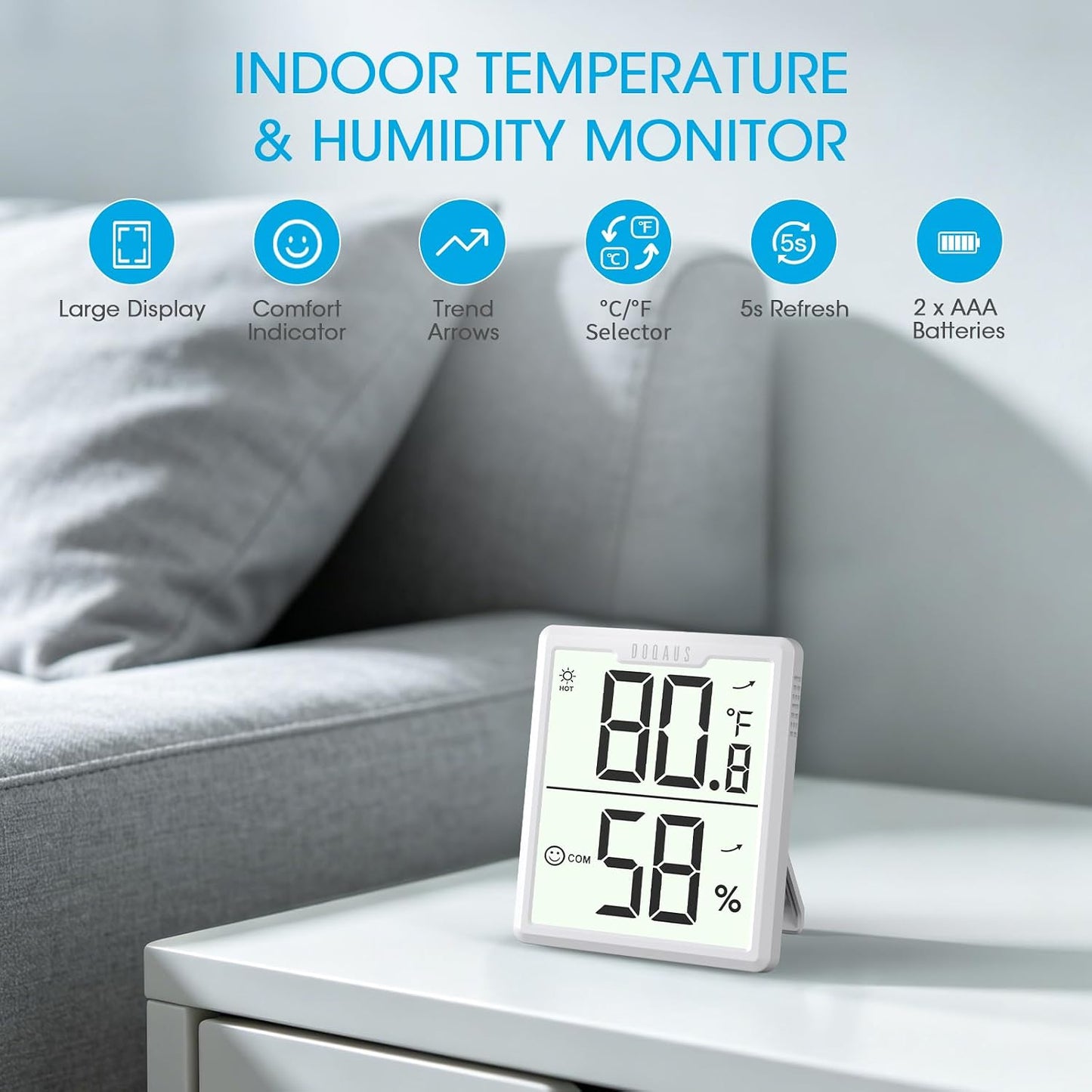 DOQAUS 3 Pack Digital Hygrometer Indoor Thermometer Black | Room Thermometer with Temperature and Humidity Monitor, 3.4" Large Display, Humidity Meter for House, Baby Room, Greenhouse