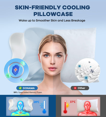DONAMA Contour Cervical Neck Pillow for Neck Pain Relief | Queen,Ergonomic Dual-Height,Odorless Memory Foam,Side/Back/Stomach Sleepers,Cooling Hypoallergenic Cover,OEKO-TEX Certified