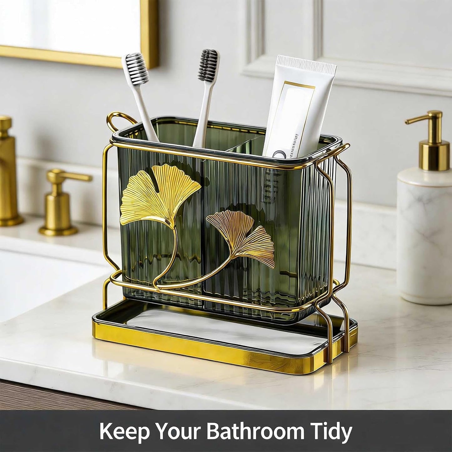 Toothbrush Holder for Bathrooms, 2-Compartment Toothbrush Organizer, Drainage and Breathability, Kitchen Utensil Holder, Kitchen Bathroom Tooth Brush Holder Organizers and Storage