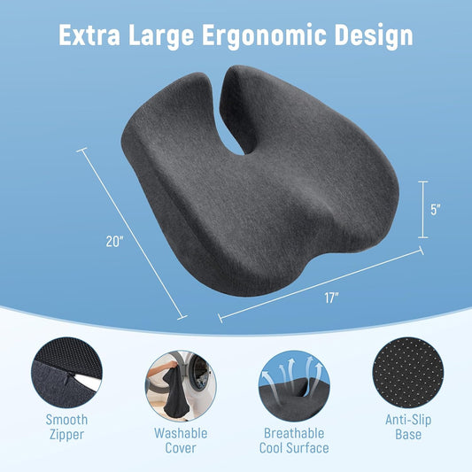 Memory Foam Seat Cushion, Office Chair Cushion for Sciatica & Tailbone Pain Relief, Car Seat Cushions for Coccyx, Back Pain & Long Sitting, Ergonomic Butt Pillow for Driving (Deep Gray)