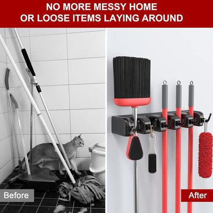 LETMY Broom Holder Wall Mounted - Mop and Broom Hanger Holder - Garage Storage Rack & Garden Tool Organizer - 5 Position 6 Hooks for Home, kitchen, Garden, Tools, Garage