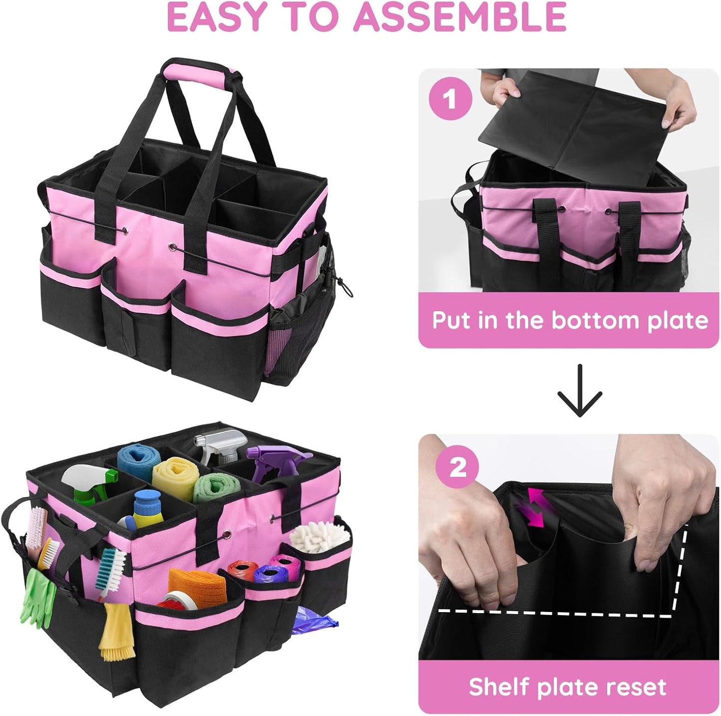 ZKOO Large Cleaning Caddy Bag with Handle, Built-in Sturdy Support Board, Adjustable Shoulder Strap, Multi-compartment Design Cleaning Supply Tote for Cleaners & Housekeepers (Pink)
