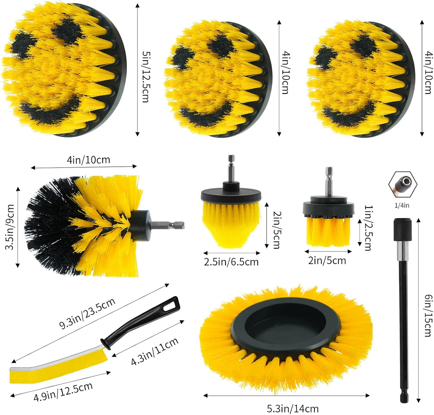 10 Pcs Drill Brush Attachment Set, Drill Scrubber Brush Kit, Drill Cleaning Brush, Scrub Brush for Grout Floor Tub Shower Bathtub Tile Sink Toilet Bathroom Kitchen Car Yellow