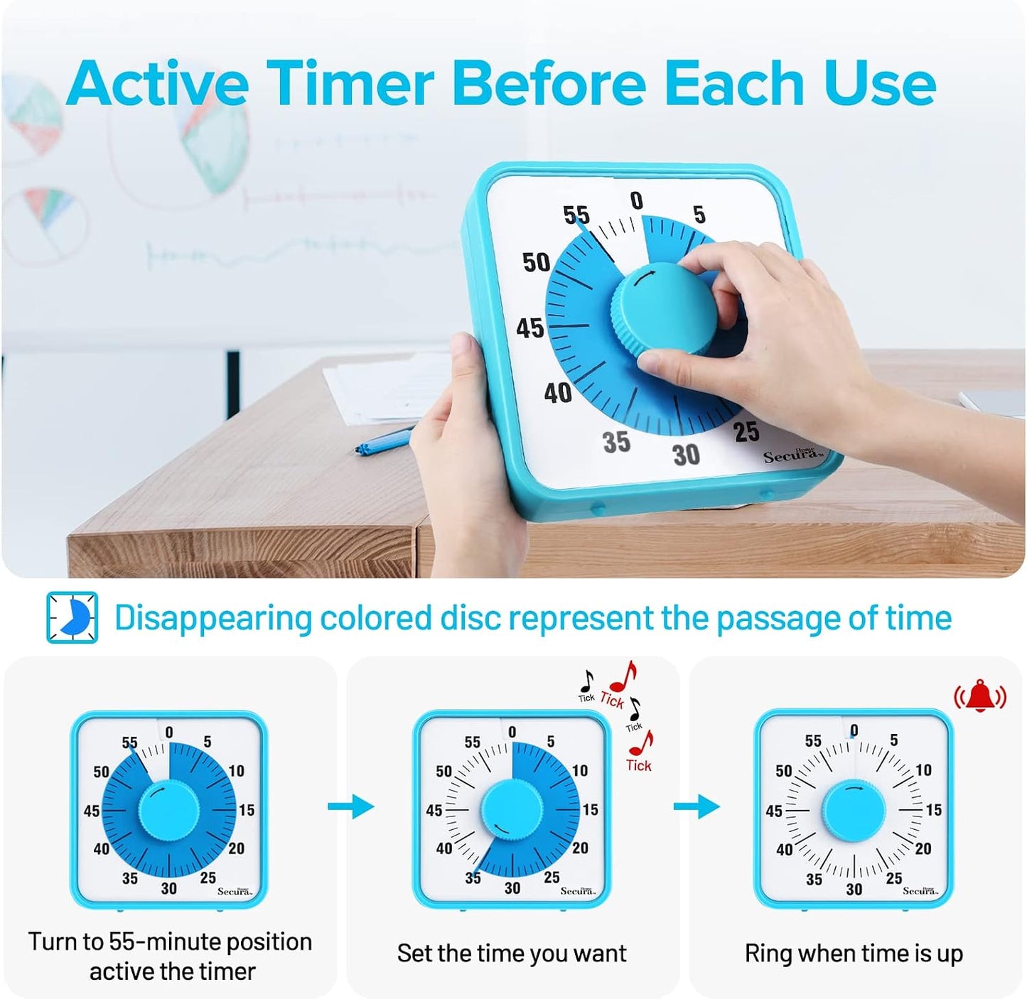 Secura Home 60-Minute Visual Timer, 7.5 Inch Oversize Countdown Timer Clock for Kids and Adults, Durable Mechanical Time Management Tool with Magnetic Backing （Sky Blue）