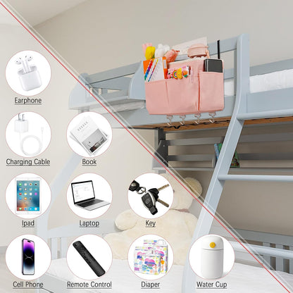 Bedside Caddy Organizer 5 Pockets and 4 Hooks for Bunk Bed Pink | Hanging Storage Bag for Headboards