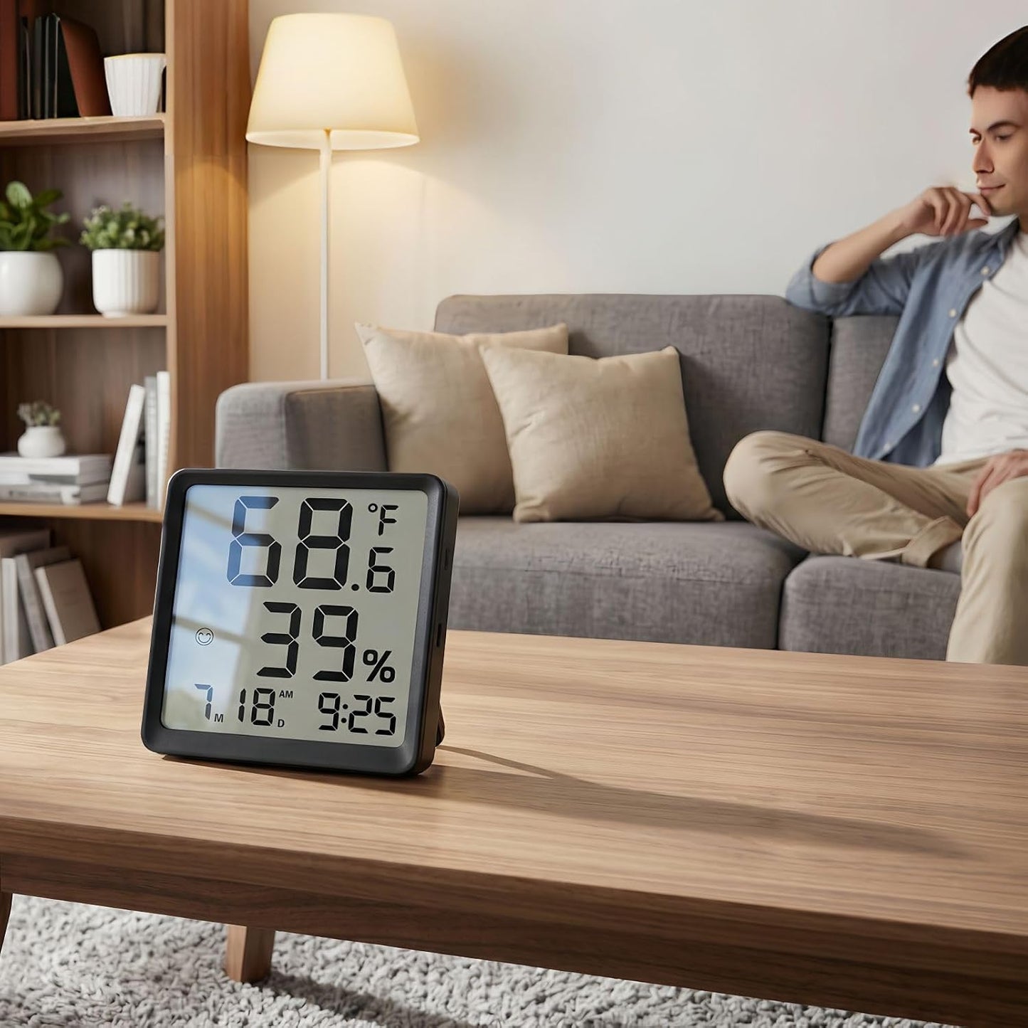 Room Hygrometer Indoor Thermometer for Home, Black | Small Digital Temperature Humidity, Comfort Indicator, Digital Clock & Calendar, Desktop Humidity Meter, Compact Size