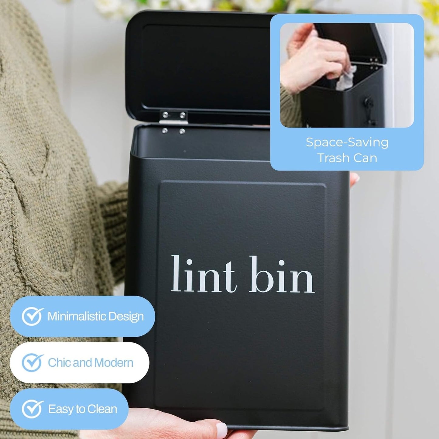 Magnetic Laundry Lint Bin for Dryer | Wall-Mounted Small Trash Can for Laundry Room | Includes Magnetic Hook & Lint Brush | Space-Saving Magnetic Laundry Trash Can | Matte White