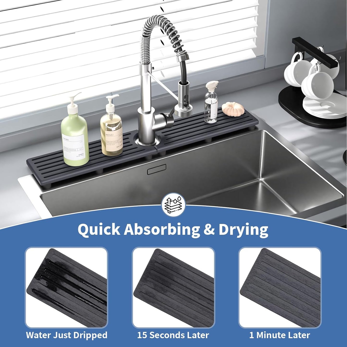 Faucet Mat for Kitchen Sink, Water Absorbent Kitchen Faucet Mat, Durable Sink Splash Guard with Raised Feet, Diatomite Fast Drying Kitchen Sink Faucet Mat, Bathroom Stone Drying Tray for Counter