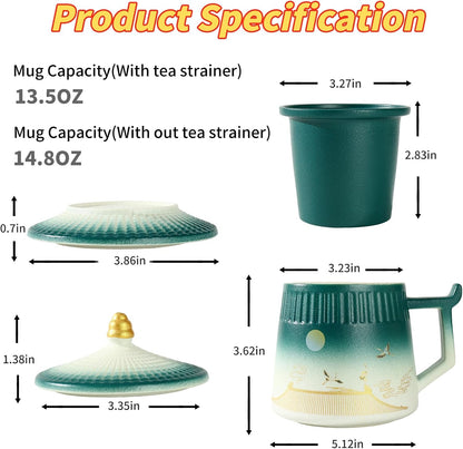 Loose Leaf Tea Cup with Infuser and Lid, 14.8oz Chinese Ceramic Mug with Fine Mesh Strainer, Office Steeping Cup for Tea Lovers Gifts