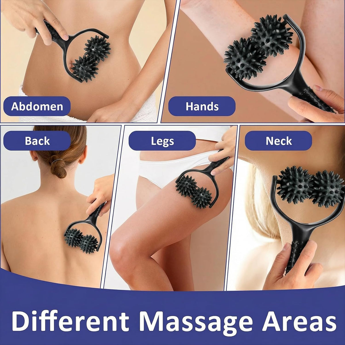 Handheld Spiky Massage Balls Rollers, 2 Wheel Spiky Massage Ball Rollers Silicone Manual Massage Roller with Handle Pressure Point Muscle Massage Tool for Foot Arm Body Neck Leg Pain Pressure Relief