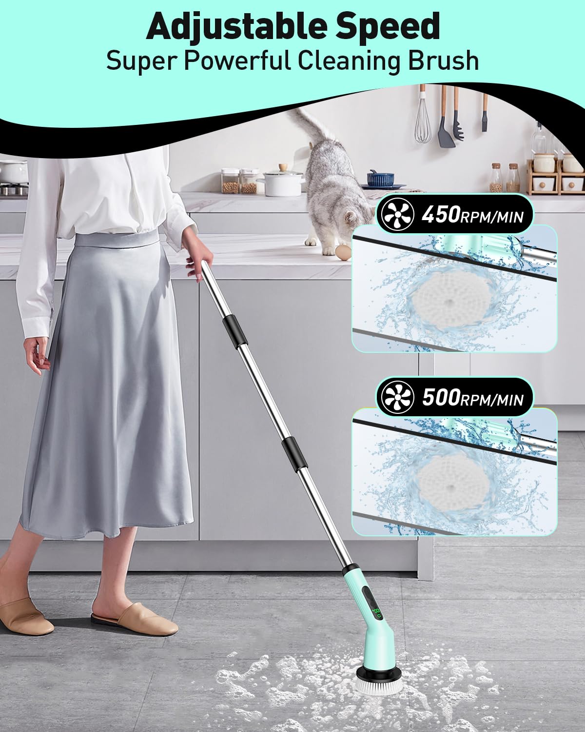 Electric Spin Scrubber for Bathroom, Shower Scrubber with Long Handle | Shower Cleaner Brushes, IPX7 Waterproof & 2 Speed, 3 Brush Heads, 90min Runtime, Bathroom Cleaning Supplies for Toilet Tub