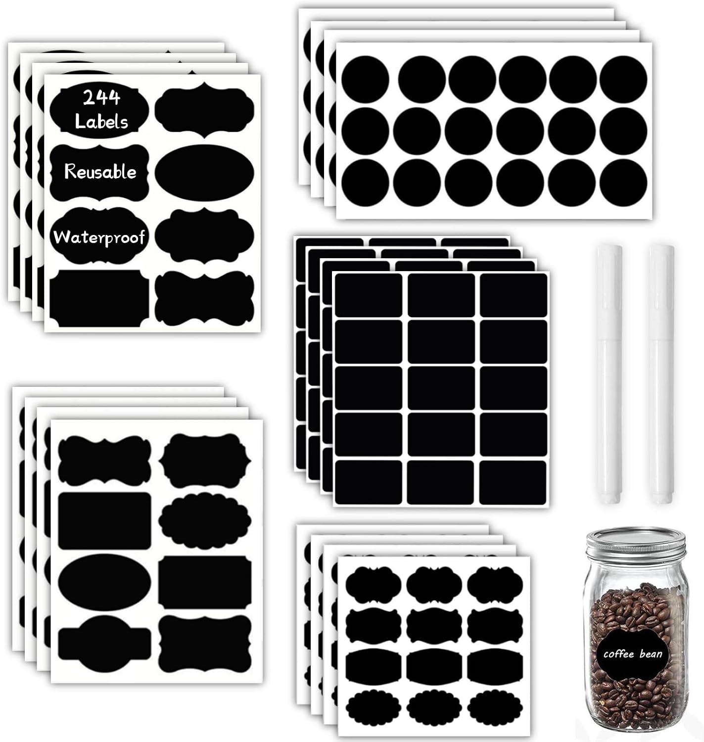 Chalkboard Labels 244 PCS, Waterproof Reusable Blackboard Stickers with 2 Chalk Marker, Erasable Handwritten Stickers or Food Containers, Mason Jars, Pantry, Bottles Storage Bins