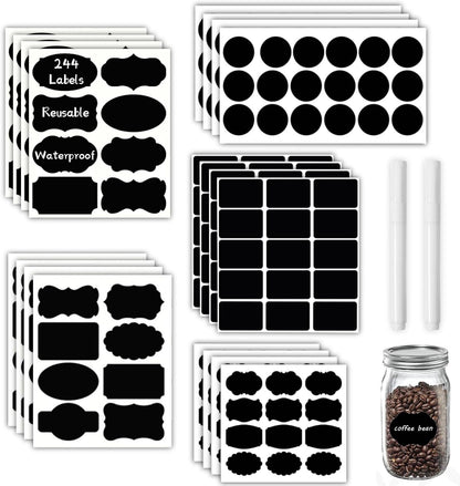 Chalkboard Labels 244 PCS, Waterproof Reusable Blackboard Stickers with 2 Chalk Marker, Erasable Handwritten Stickers or Food Containers, Mason Jars, Pantry, Bottles Storage Bins