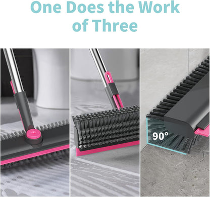 AIR U+ Floor Scrub Brush with Long Handle, 3-in-1 Rotating Head & Squeegee | Stiff Dual-Sided Bristle Scrubber for Shower, Bathroom, Kitchen and Patio, 30–50 In Handle for Easier Stand-up Cleaning