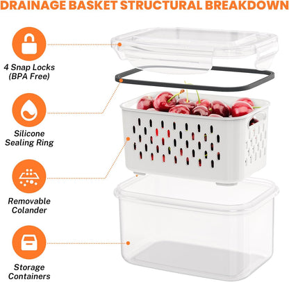 8 Pieces Fruit Storage Containers for Fridge with Lids and Strainer | 4Pack Fruit Containers for Fridge, Fresh Produce Saver Keeper for Vegetable Fruit Salad, BPA Free Organizer for Refrigerator