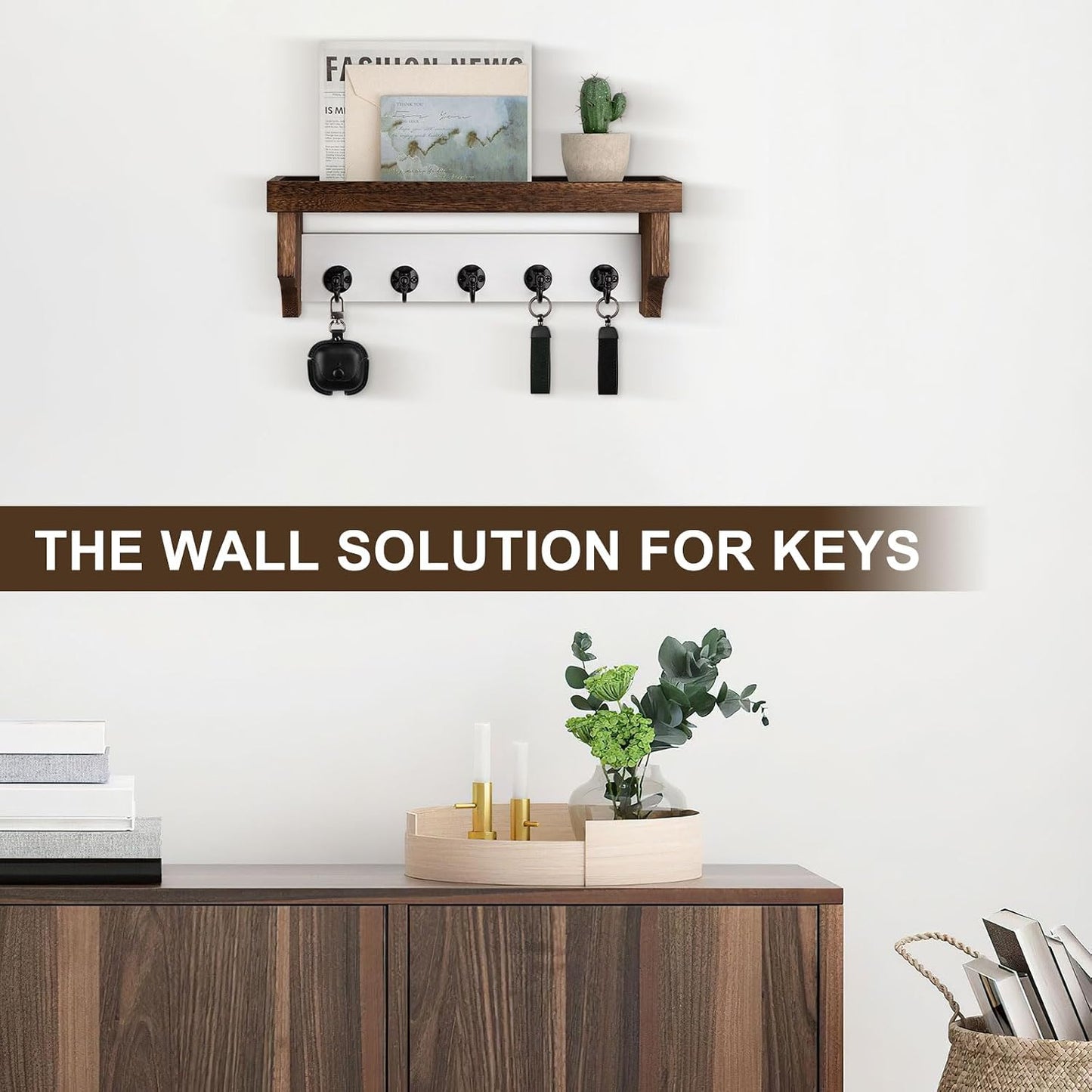 Key and Mail Holder Wall Mount, Mail Organizer with 5 Key Hooks | Key Holder with Shelf, Key Holder for Coat, Dog Leash, Home Decor Rack, Entry Way Organizer