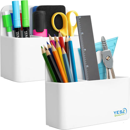 YES4QUALITY Magnetic Pen Holder with Strong Magnetic Back & 2 Compartments, Dry Erase Marker Holder for Whiteboard, Fridge & Locker, White Pencil Holder