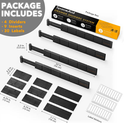 SpaceAid Bamboo Drawer Dividers with Inserts and Labels, Kitchen Adjustable Drawer Organizers, Expandable Organization for Home, Office, Dressers, 4 Dividers with 9 Inserts (17"-22" Natural)