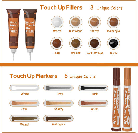 Wood Furniture Repair Kit 8 Dark Colors, Wood Fillers | Touch Up Markers, Repair Scratch, Cracks, Discoloration for Wooden Door, Floor, Table, Cabinet