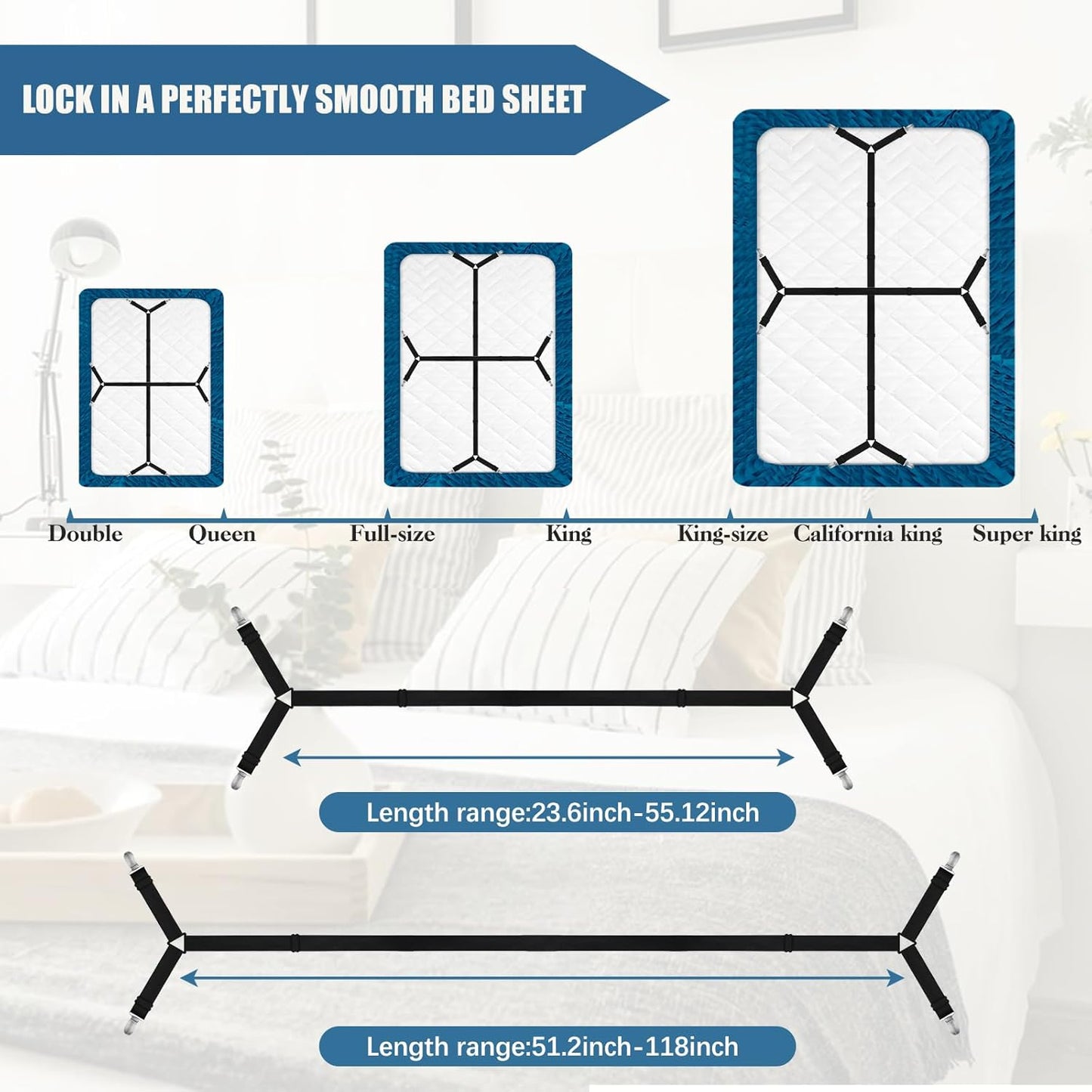 4Pcs Sheet Holders, Adjustable Bed Sheet Holders for Corners Elastic | Sheet Straps Upgrade with Metal Clips Keep Sheet Firm & Tight, Non-Slip Strong for Crib to King Size Bed