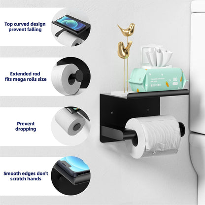 GLNLQ Matte Black Toilet Paper Holder with Shelf, Fits Mega Rolls Size | Adhesive or Screw-in, Waterproof and Rustproof Stainless Steel, Wall Mount Design, Modern Stylish Design, for Bathroom, RV