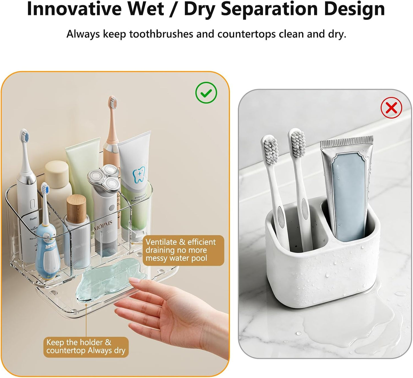MOPMS Toothbrush Holders for Bathrooms with 5 Slots Adjustable Dividers | Electric Tooth Brush and Toothpaste Holder with Drain Tray for Easy Clean, Wall Mounted & Countertop Organizer for Shower