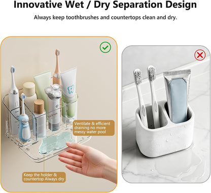 MOPMS Toothbrush Holders for Bathrooms with 5 Slots Adjustable Dividers | Electric Tooth Brush and Toothpaste Holder with Drain Tray for Easy Clean, Wall Mounted & Countertop Organizer for Shower