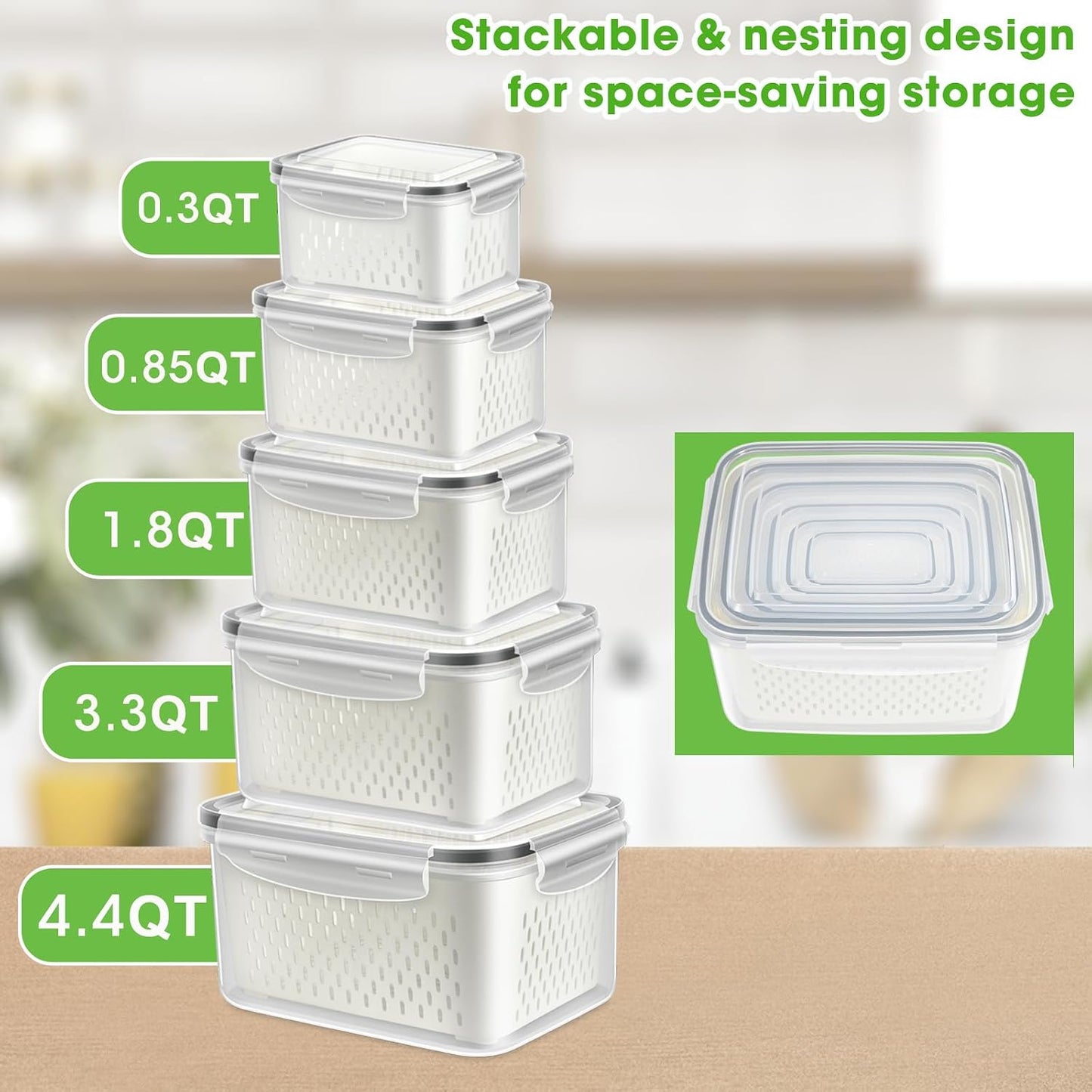 TBMax Fruit Storage Containers for Fridge Organizers and Storage, 4 Pack Large Produce Saver with Airtight Lid & Colander for Berry Lettuce Salad Vegetable Storage, Refrigerator Organizers
