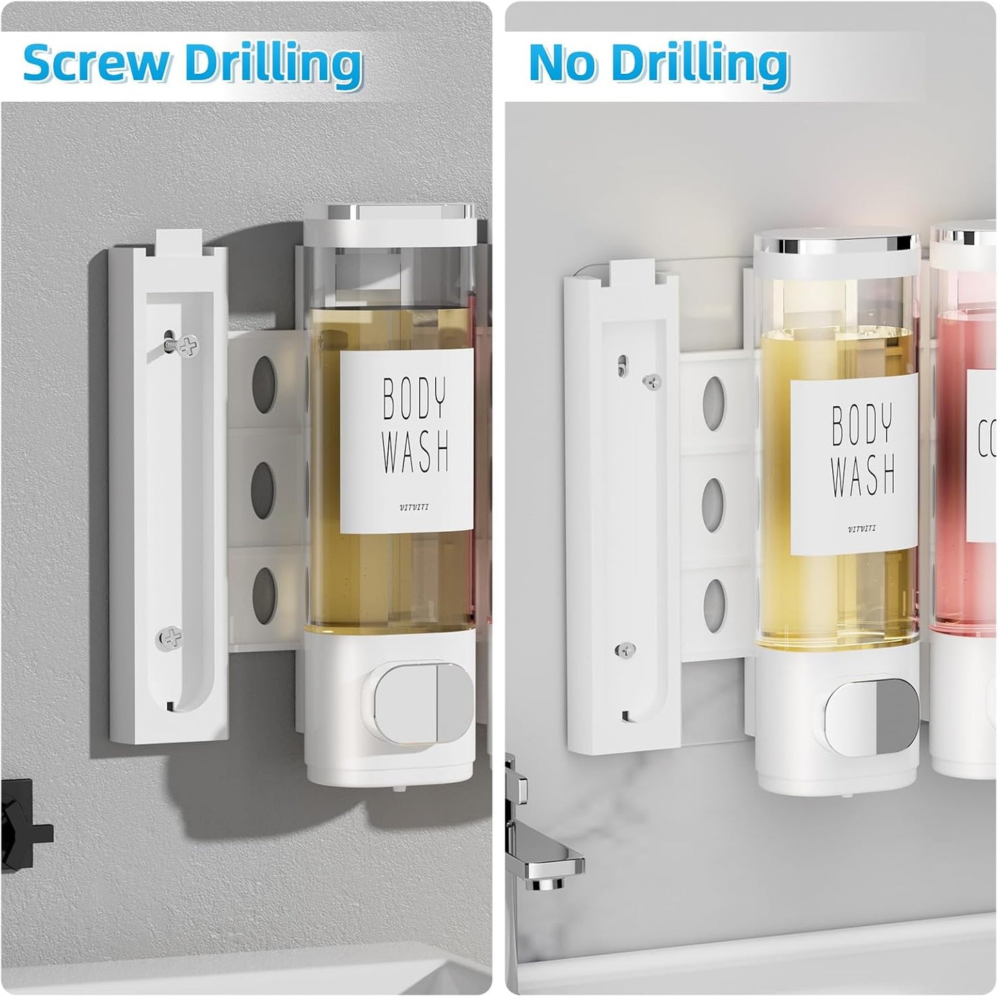 Shampoo and Conditioner Dispenser for Shower Wall Mount 3 Chamber, Black | Shower Soap Dispenser for Wall, 10.2 OZ Plastic Refillable Body Wash Bottles for Bathroom, No Drill Wall Mounted