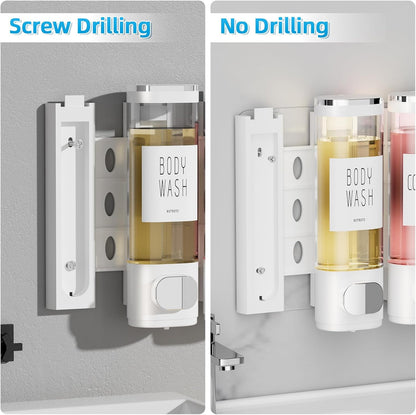 Shampoo and Conditioner Dispenser for Shower Wall Mount 3 Chamber, Black | Shower Soap Dispenser for Wall, 10.2 OZ Plastic Refillable Body Wash Bottles for Bathroom, No Drill Wall Mounted