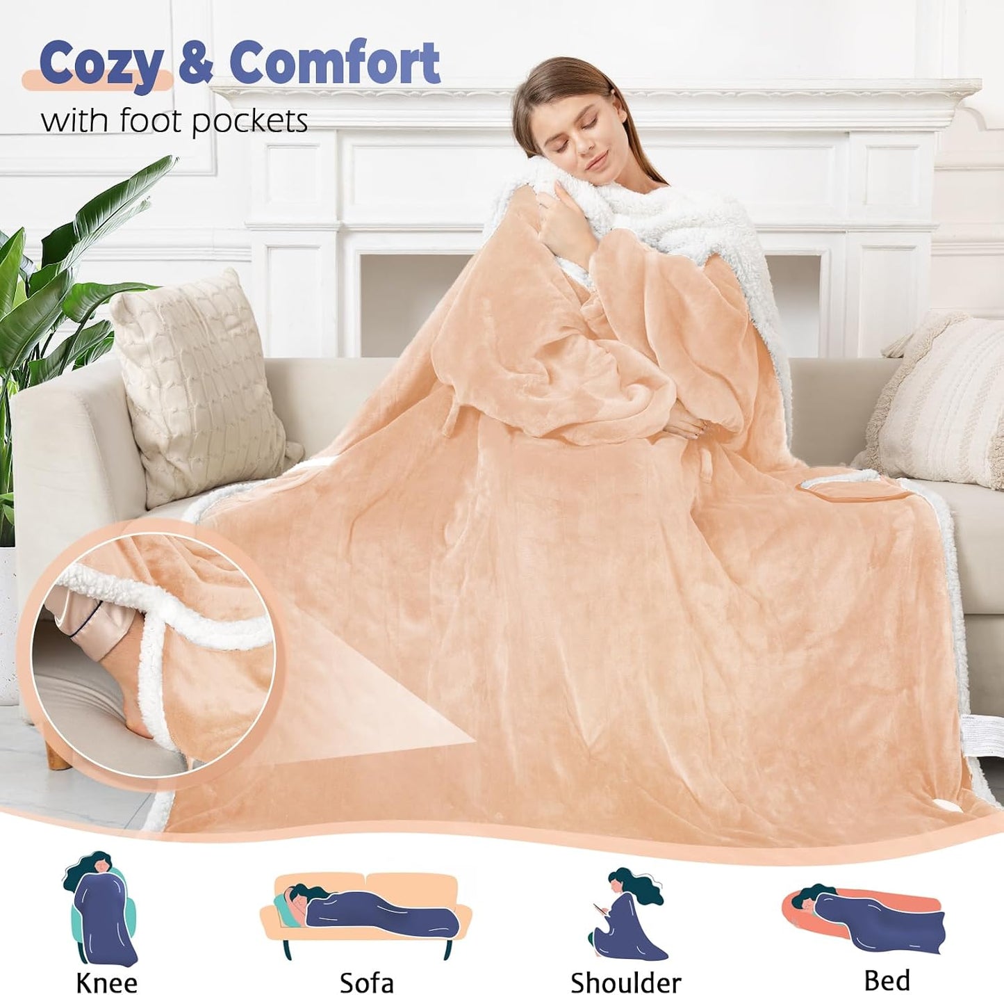 Wearable Heated Blanket with Foot Pocket, Electric Wearable Throw Blanket with Sleeves, Hood, Portable Heated Blanket with 8 Heat Settings, 1-10 Hours Auto Shut-off, Gift for Family, Friends, 50*70"