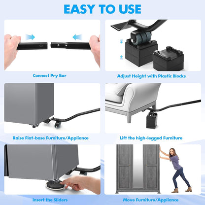 Furniture Lifter Tool + 8-Pack of 3.5" Sliders, Save 80% Effort, Safely and Easily, The Lift and Glide Tool Set for Heavy Furniture and Appliances, Reusable Moving Pads, Floor Protectors for Carpet