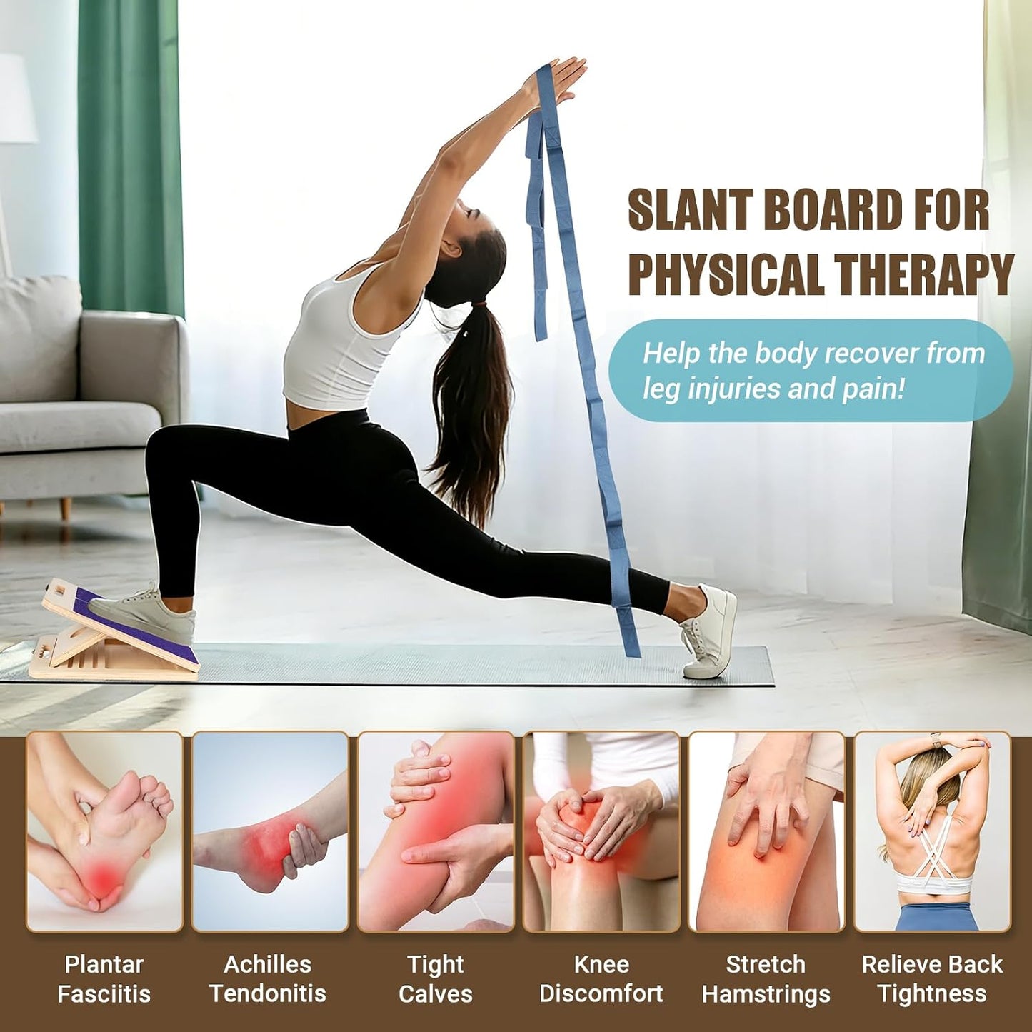 Slant Board Calf Stretch with Stretch Strap, 300 lb Portable Incline Board | Training Poster, Non-Slip Adjustable Wooden Calf Mobility Board for Calf Ankle Knees Achilles Physical Therapy Leg Exerciser