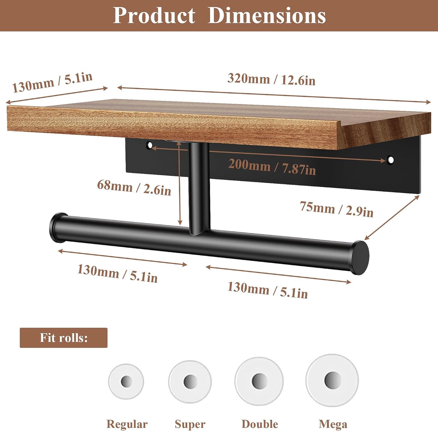 Tindbea Toilet Paper Holder with Wood Shelf, Wooden Wall Mount Tissue Paper Roll Holder, Matte Black Stainless Steel Bathroom Accessories Decor Household Home Apartment Restroom Essentials (Walnut)