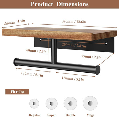 Tindbea Toilet Paper Holder with Wood Shelf, Wooden Wall Mount Tissue Paper Roll Holder, Matte Black Stainless Steel Bathroom Accessories Decor Household Home Apartment Restroom Essentials (Walnut)