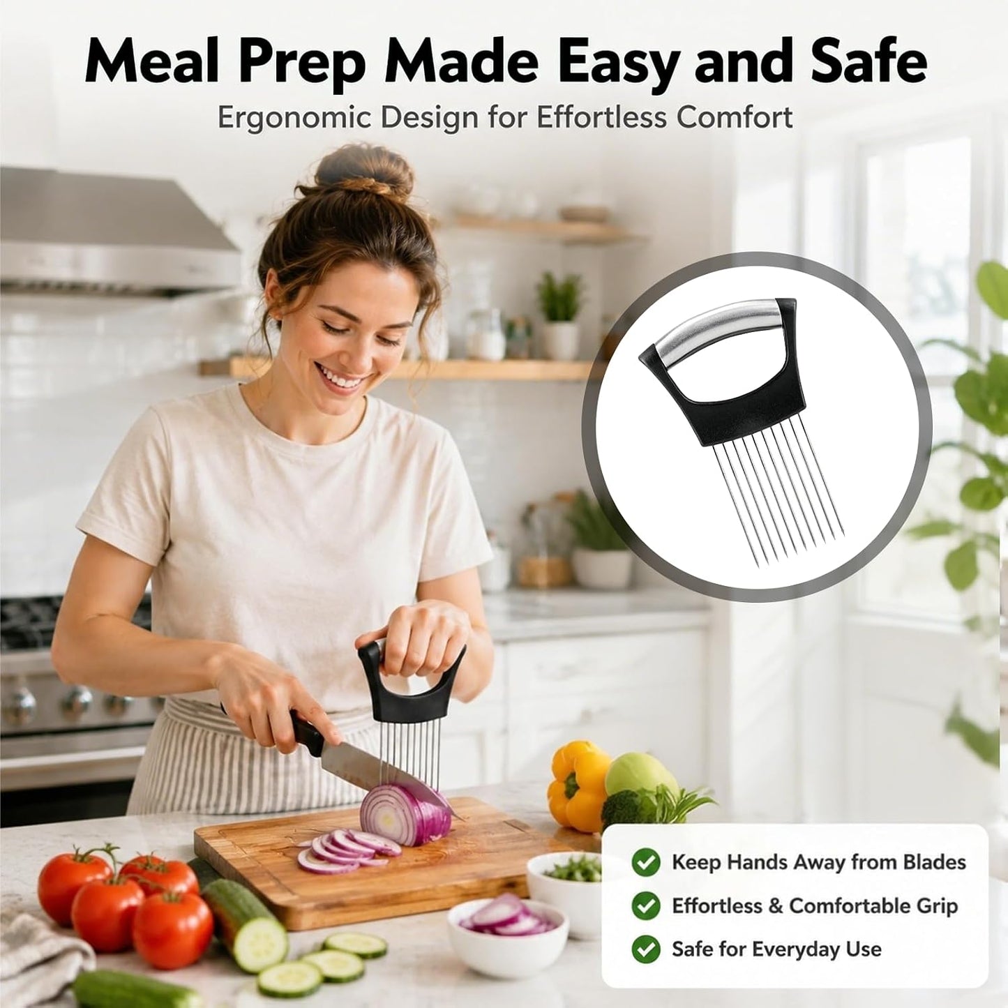 Onion Holder For Slicing Stainless Steel Kitchen Tool For Potatoes | Secure Non-Slip Grip, Stainless Steel Prongs, Safe Finger Guard, Easy Clean