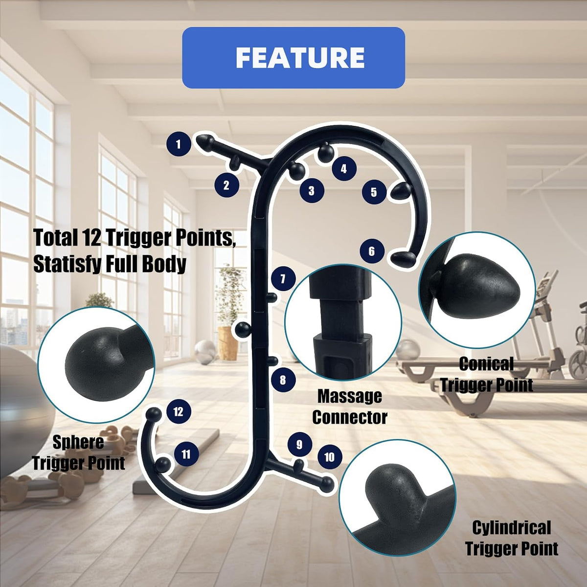 Ergonomic Deep Tissue Massager, Back Cane with 12 Massage Nodes for Neck, Back & Shoulder, Detachable Muscle Knot Relief Tool, Full Body Self Massage for Tension Relief(Black)