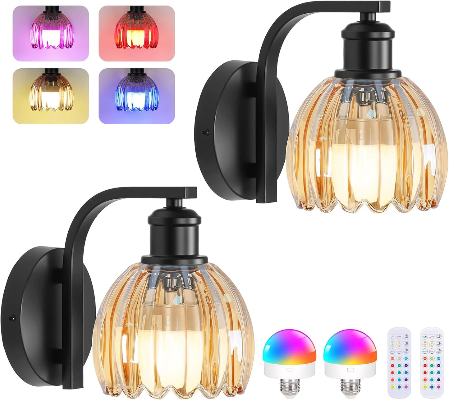 Rechargeable Battery Operated Wall Sconce Set of Two with Green Glass Lampshade, Wireless Battery Powered Wall Lamp with Remote Control, 15 Colors Gold Wall Light for Bedside Hallway Bedroom Doorway