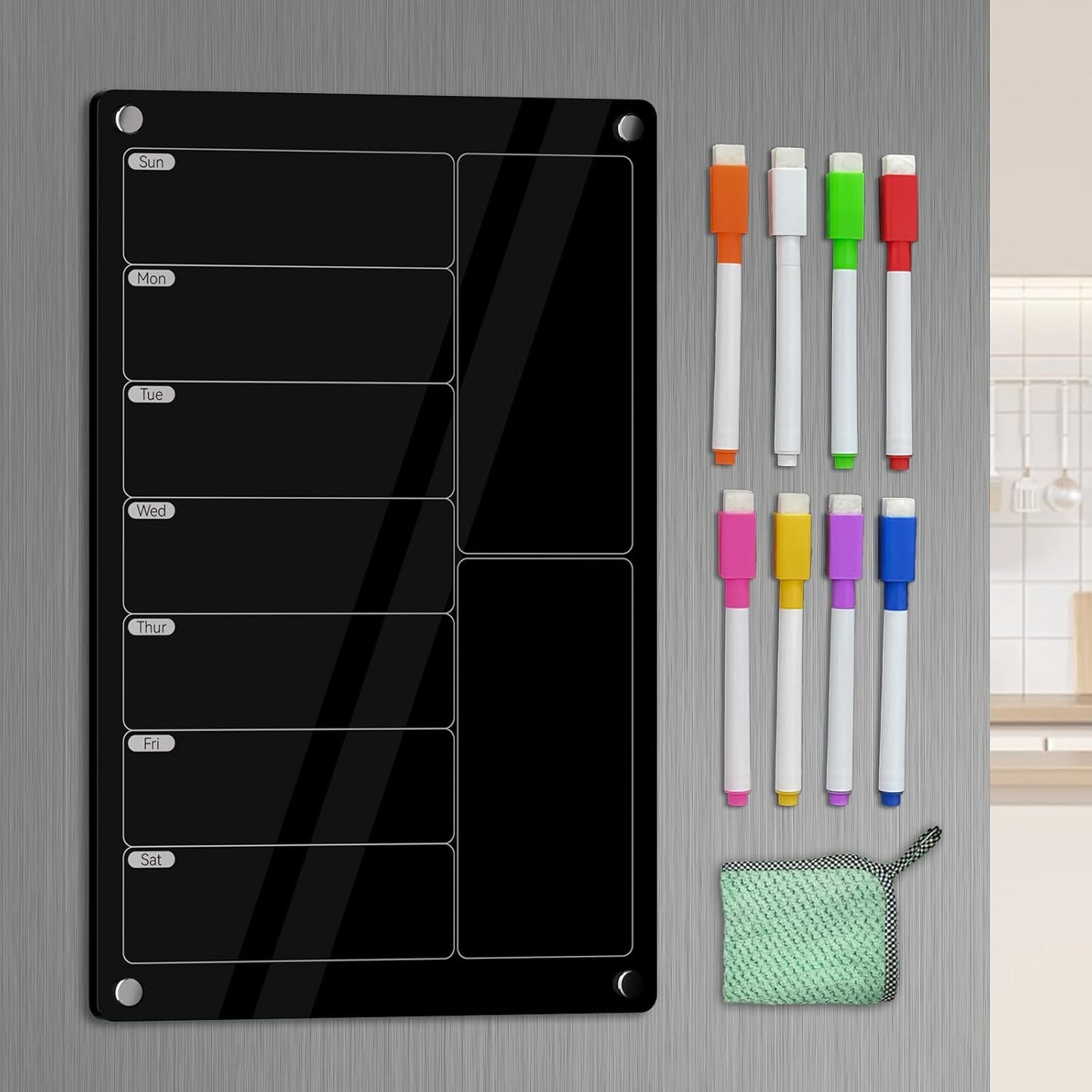 YNGRUE Acrylic Meal Planner Magnetic Menu Board for Kitchen Fridge,Magnetic Black Weekly Calendar Planner Board Refrigerator Dry Erase Board to Do Chore Chart,Grocery/Shopping List,12"x8"