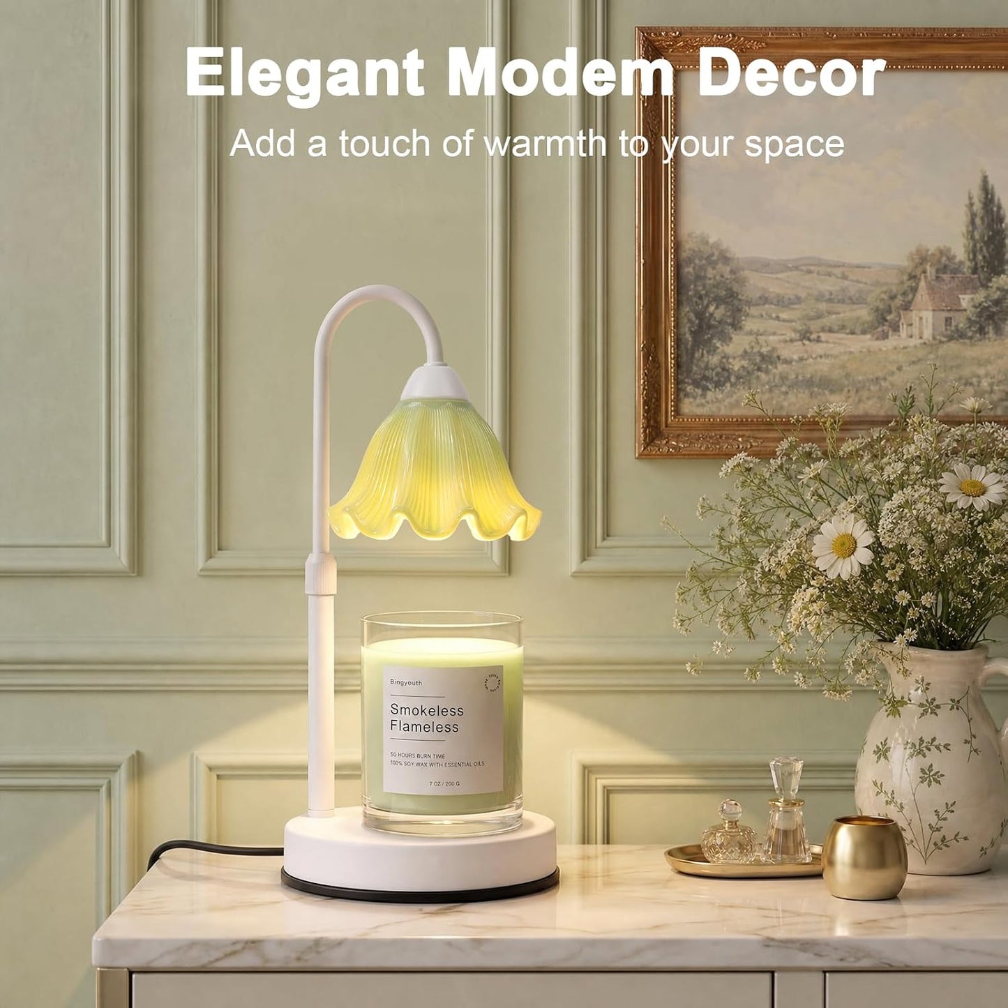 Candle Warmer Lamp with Timer, Modern Farmhouse Candle Warmer for jar Candles, Electric Wax Warmer, Includes 2 Bulbs, Housewarming, Birthday Gift for Women, Mom - White Pleated